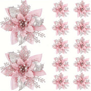 10 Pieces Pink and Gold Decorative Flowers for Christmas Tree and Party Decor