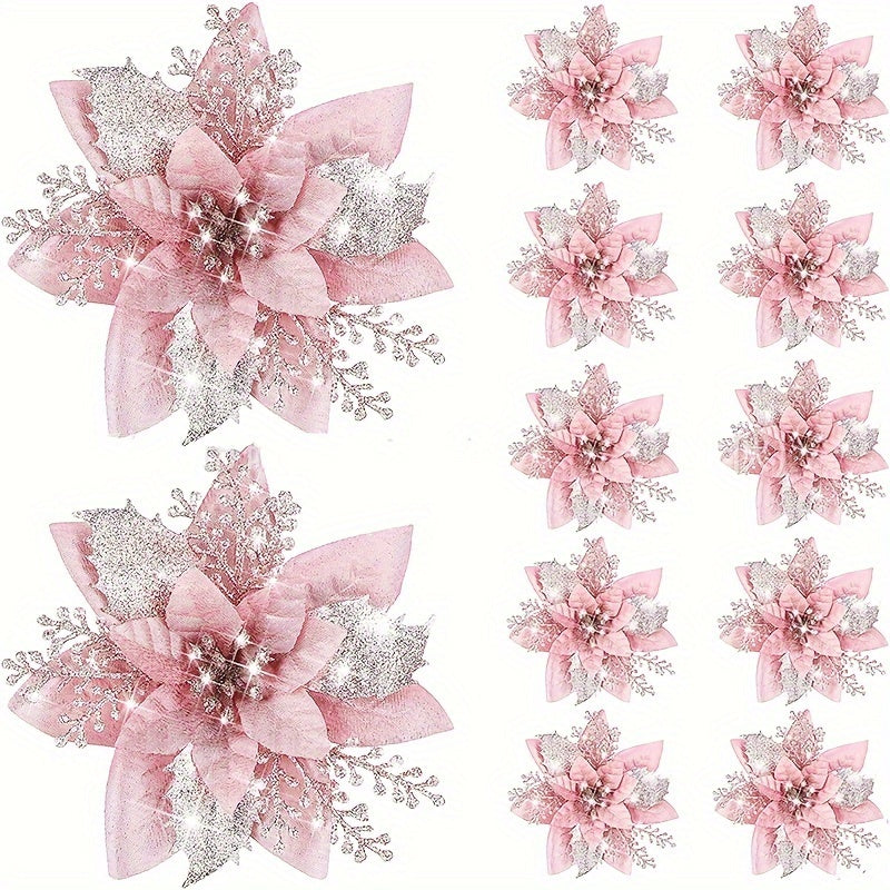 10 Pieces Pink and Gold Decorative Flowers for Christmas Tree and Party Decor