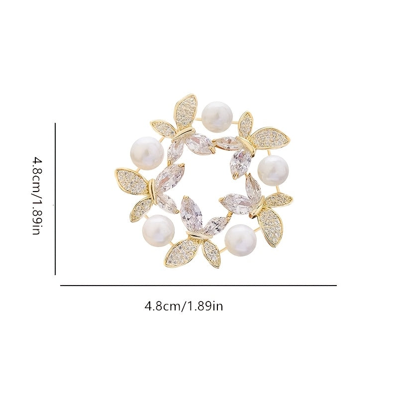 Butterfly and Floral Wreath Brooch Gold Tones Rhinestones Pearls Dress Hat Bag Accessories