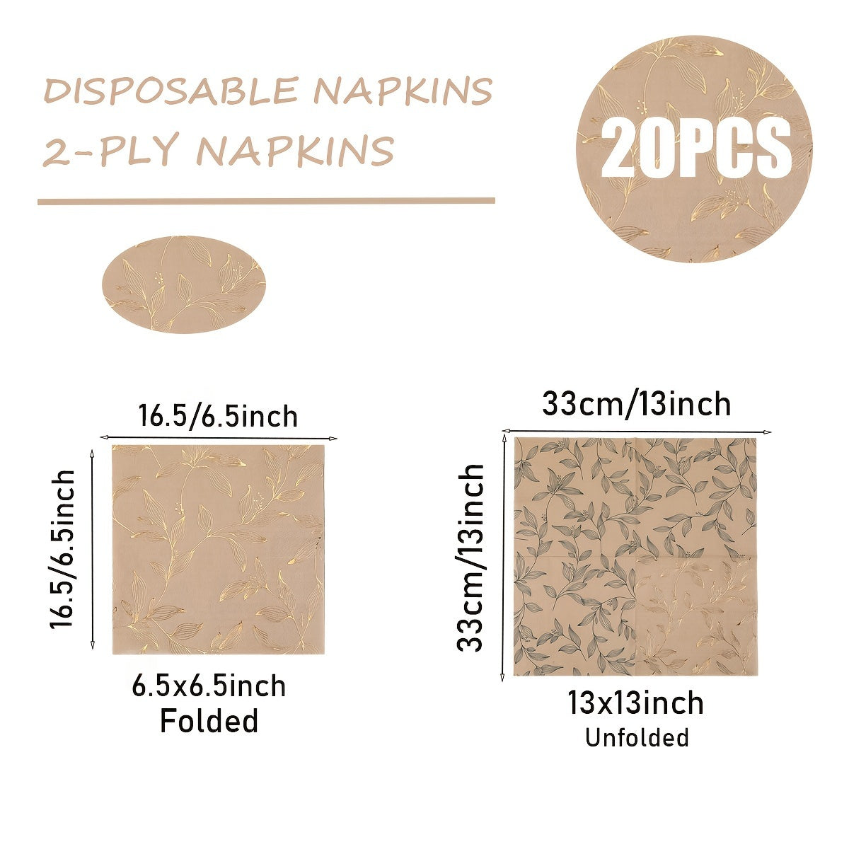20 Golden Leaf Disposable Napkins 2-Ply Square 33cm for Parties Dinners Restaurants