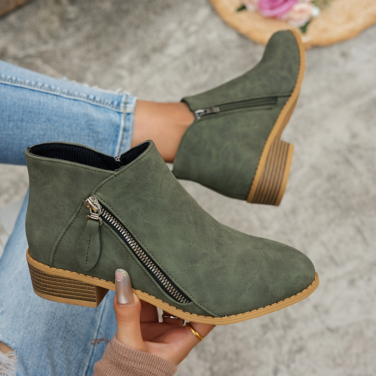 Women's Solid Color Ankle Boots With Thick Sole Wedge Back Zipper