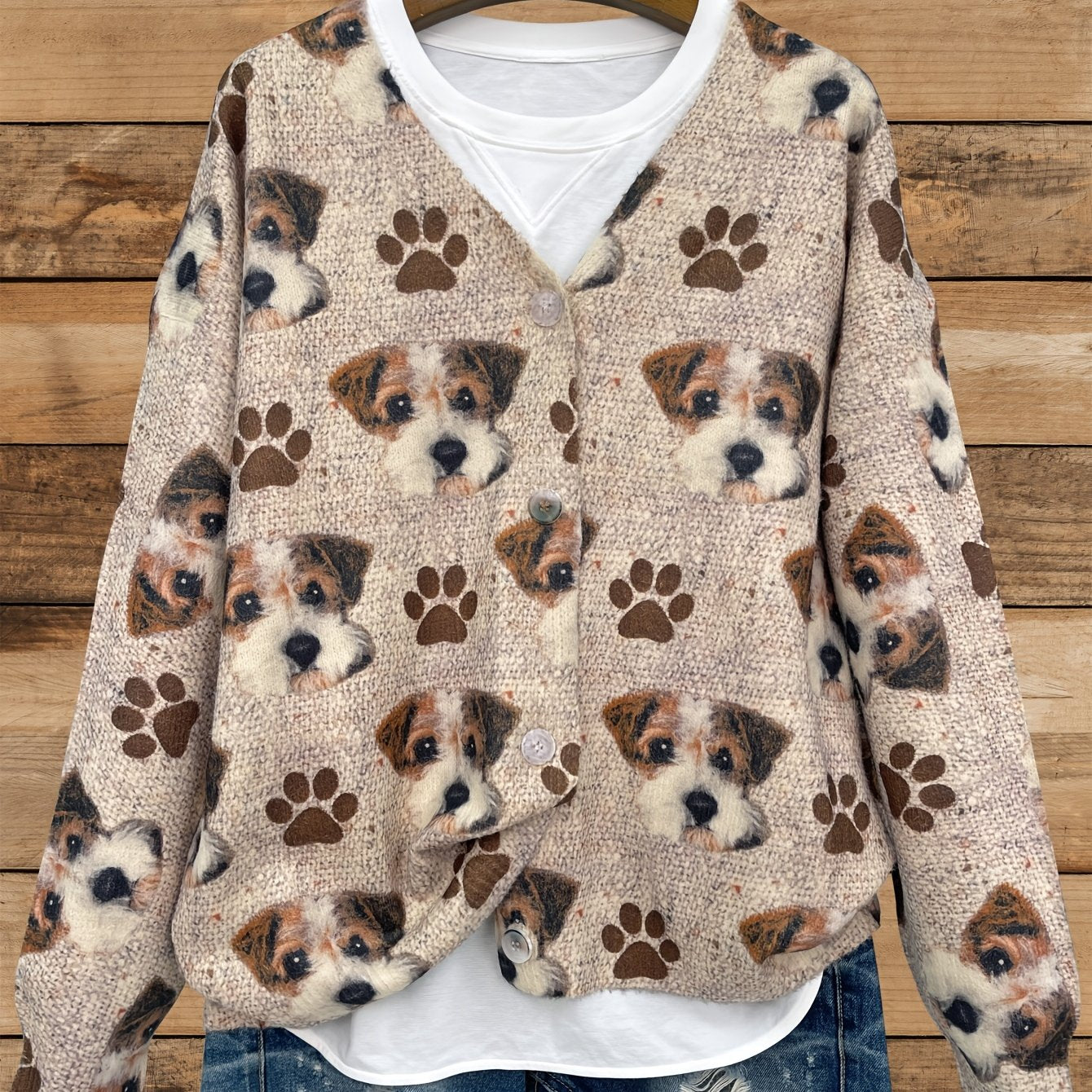 Plus Size Women's V-Neck Cardigan Long Sleeve Dog Print Sweater All-Season
