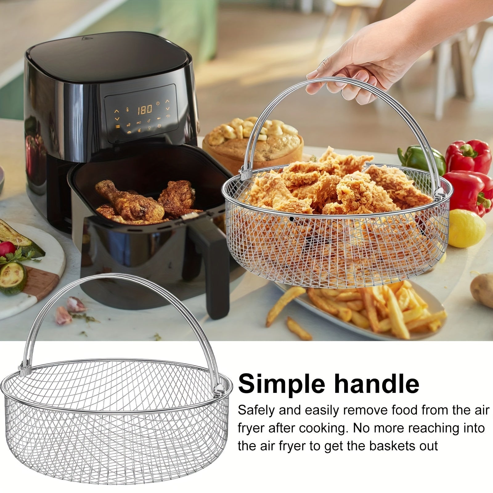 Havoni qovurish uchun mesh to'r - zanglamaydigan po'latdan yasalgan, tutqichi bilan - sog'lom ovqat tayyorlash uchun ideal, uy oshxonalariga mos