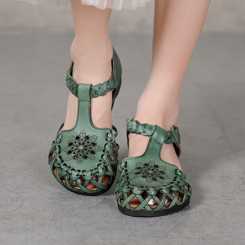 Women's Green Flat Shoes Breathable Casual T-Strap Walkers