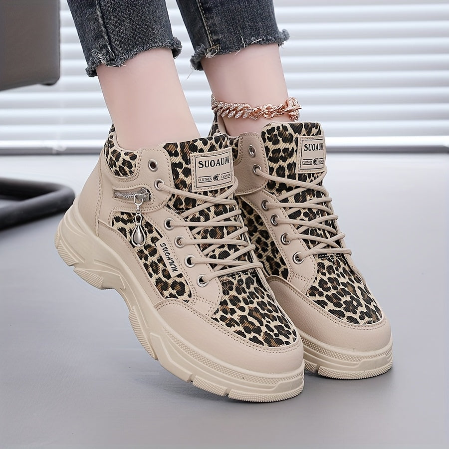 Women’s Leopard Blue White High-Top Sneakers with Thick Sole