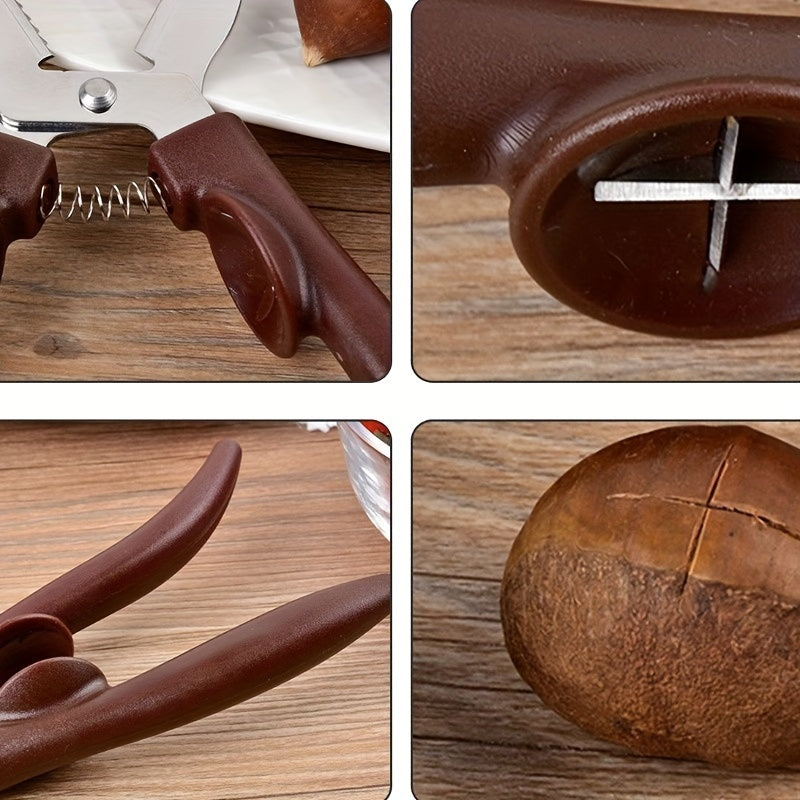 Stainless steel chestnut opener with easy-grip walnut clip waterproof dark brown