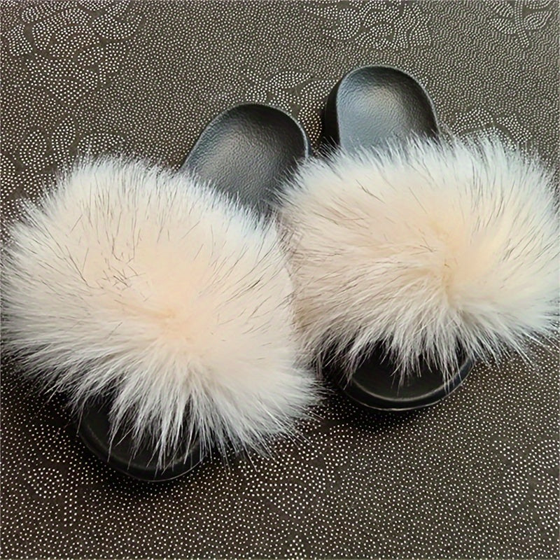 Women's Faux Fur Slides Open-Toe Flat Sandals Indoor Outdoor Fuzzy Slippers