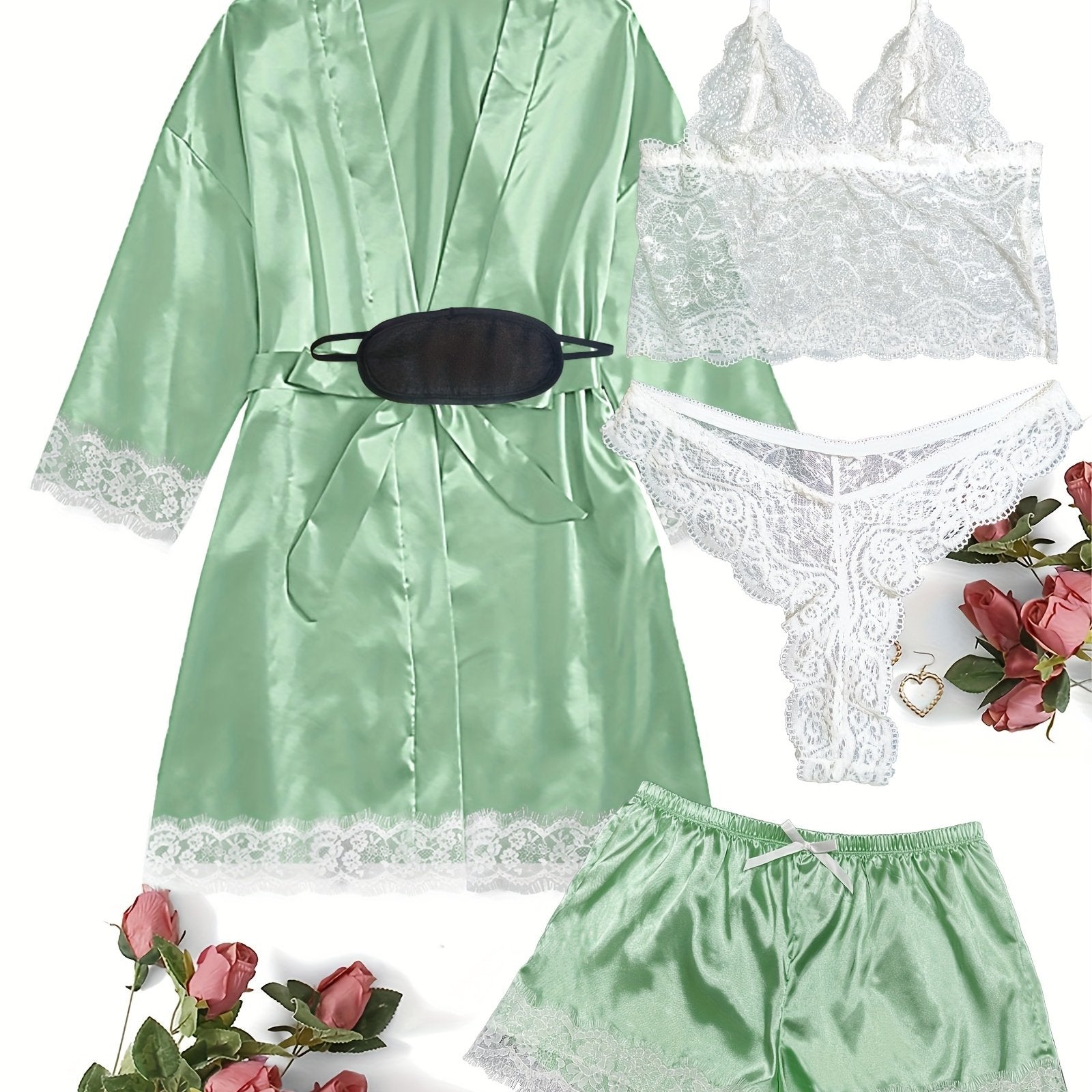 Women's Plus Size Satin Lace Nightgown Set With Camisole Shorts And Eye Mask
