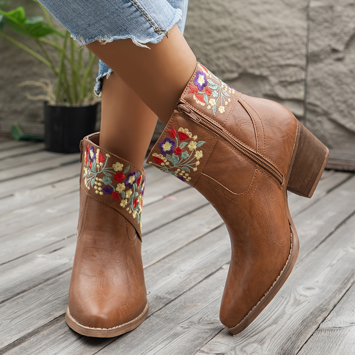 Women's Flower Pattern Chunky Heel Short Boots Leather Point Toe Ankle Zipper