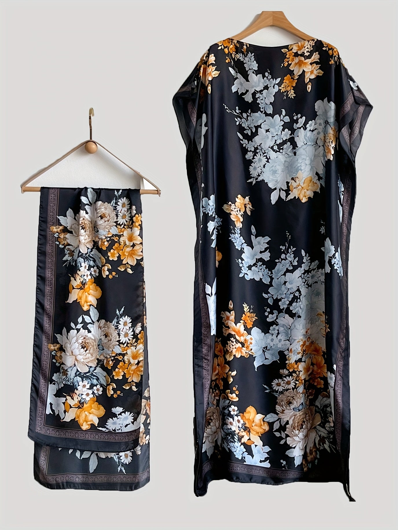 Plus o'lcham ayollar uchun qora gullik maxi kiyim va sharf, qisqa qo'l, erkin fit