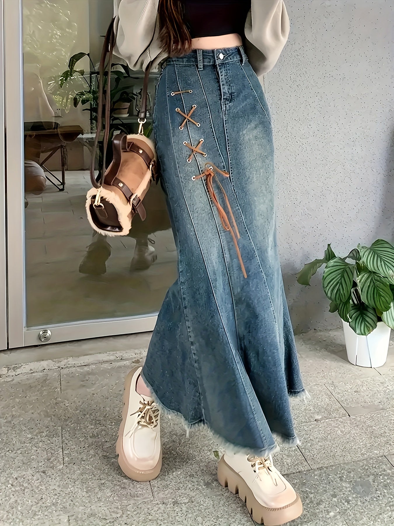 Plus Size Denim Skirt Lace Up Raw Hem Blue Maxi Mermaid Elegant Women's Clothing