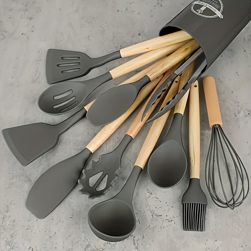 Silicone Kitchen Utensil Set 12 Pieces Non-Stick Cooking Tools with Wooden Handles