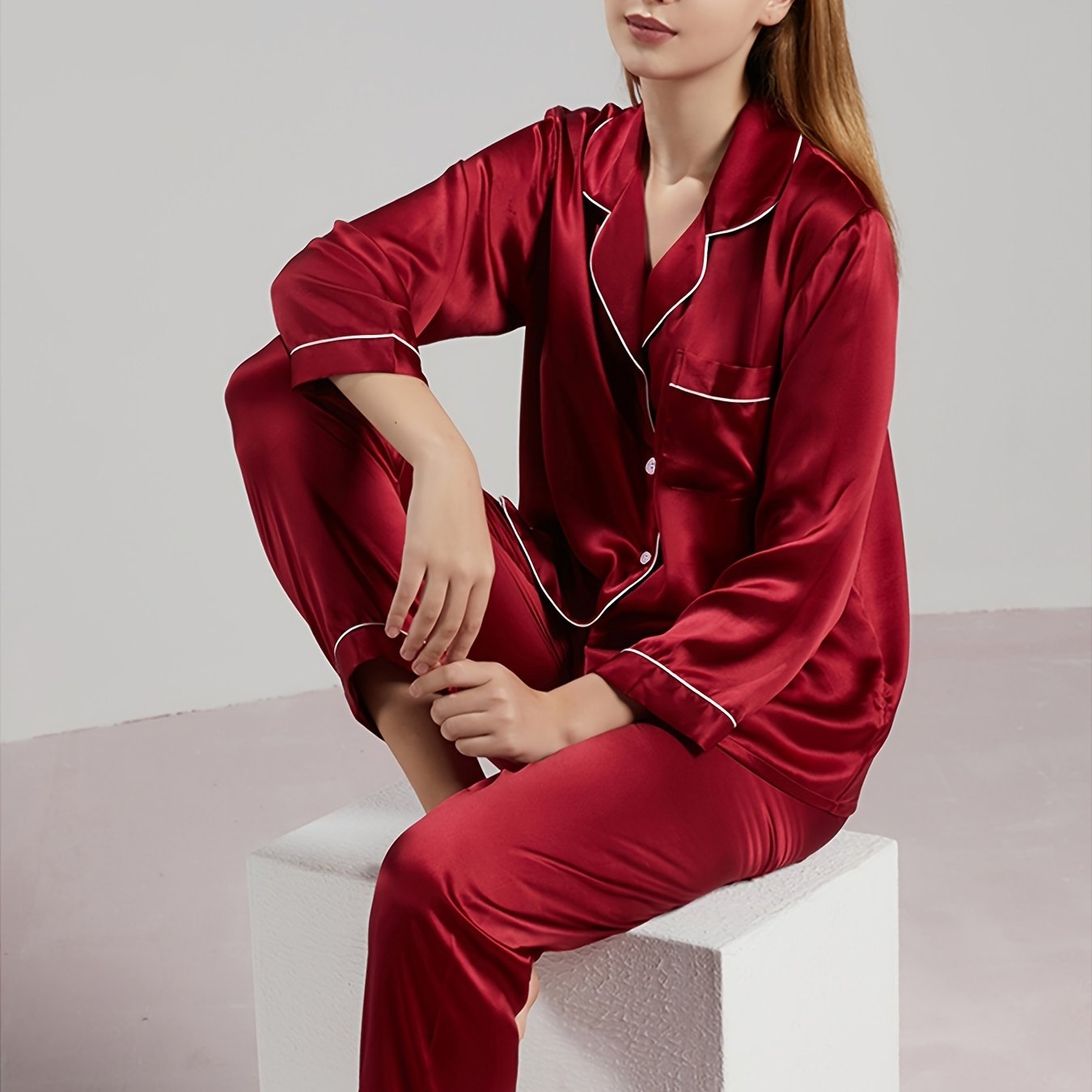 Women's Cotton Pajama Set with Lapel Collar and Solid Color Lounge Wear for Valentine's Day
