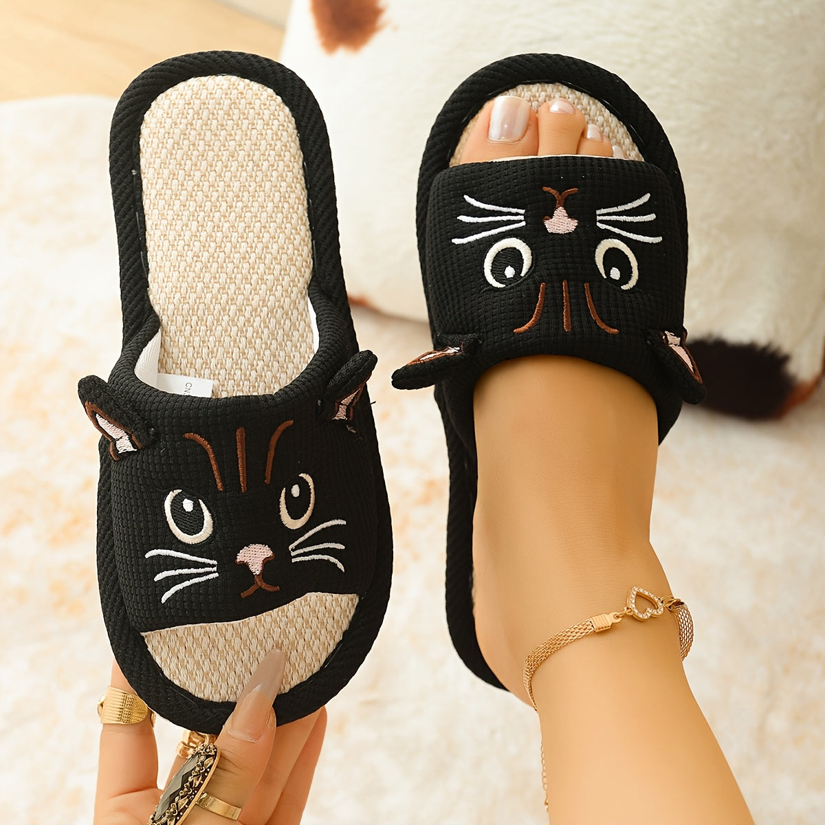 Women's Cat Slippers Open-Toe Pink Cushioned Indoor Outdoor Shoes