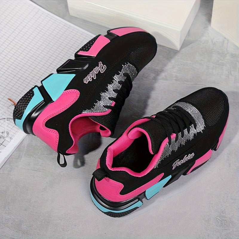 Women's Colorblock Mesh Sports Shoes Low Top Running Sneakers Breathable Casual Lace-Up