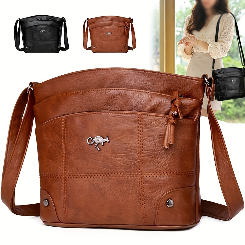 Bolso de hombro vintage para mujer marrón claro y negro de PU acolchado con correa ajustable y múltiples compartimentos