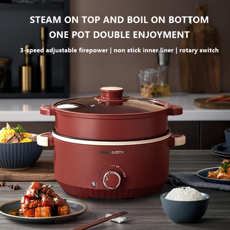 Katta quvvatli elektr hotpot pishirgich, yopishmaydigan ikki qatlamli dizayni, 3 tezlikda sozlanadigan olov kuchi va 220-240V quvvat ta'minoti uchun Yevropa standarti rozetkasi bilan, yotoqxonalarga mos