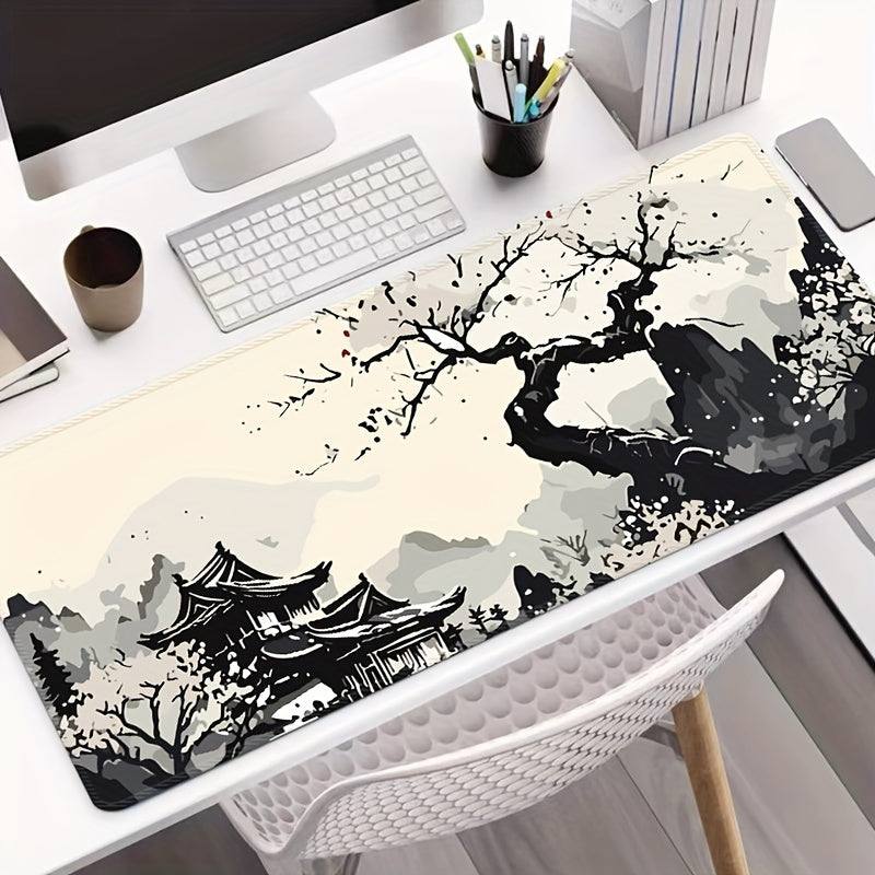 Large Gaming Mouse Pad Washable Non-Slip Rubber Desk Mat Japanese Ink Landscape Design Cherry Blossoms Mountain Scenery