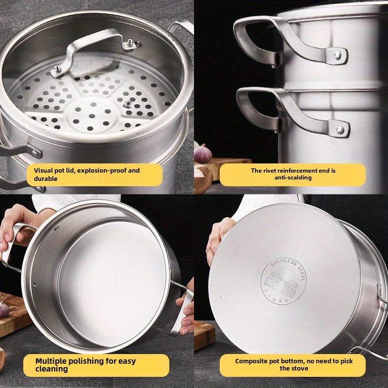 Stainless Steel Double Boiler Pot 10 Inch Non-Stick Bottom Clear Lid Kitchen Use