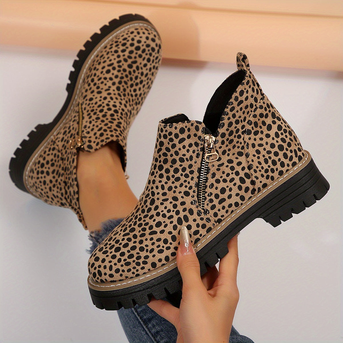 Women's Leopard Print Ankle Boots with Zipper Mid-Heel Round Toe