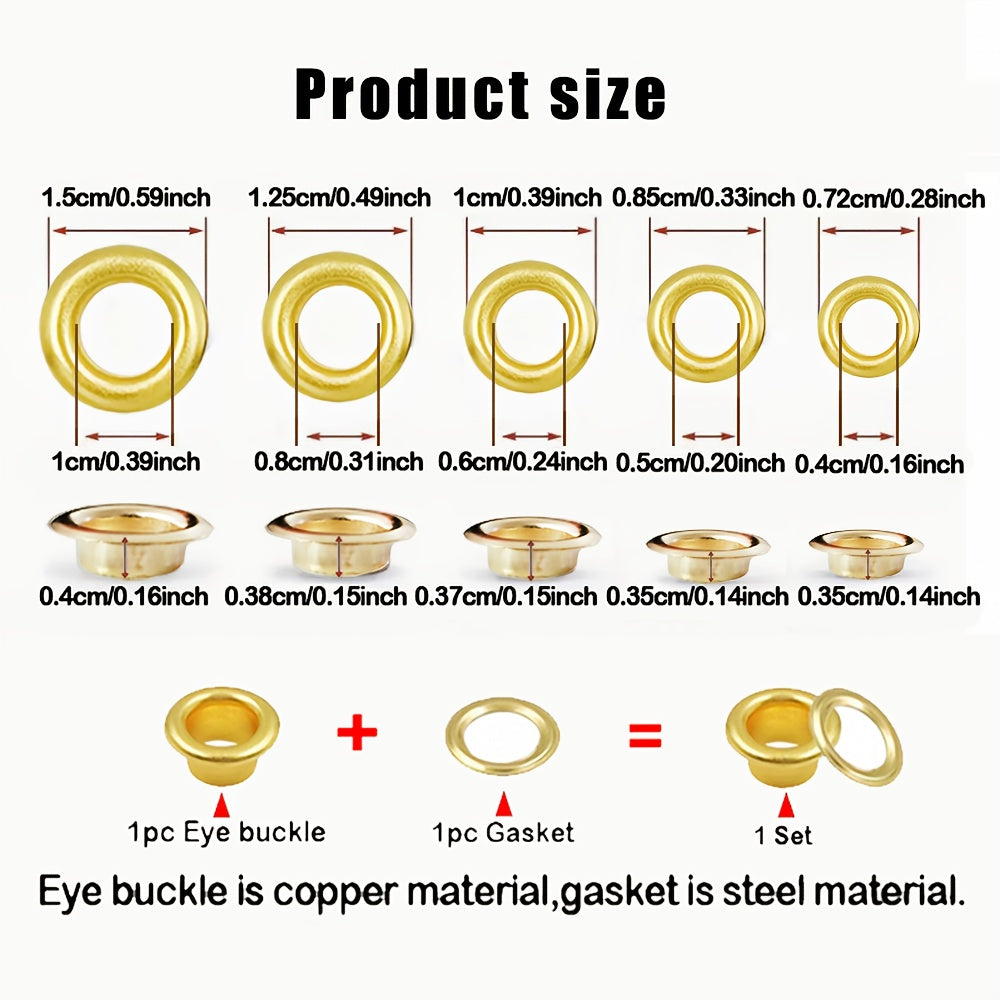Golden Copper Eyelet Buckles 100 Sets with Gasket 5 Sizes for DIY Crafts