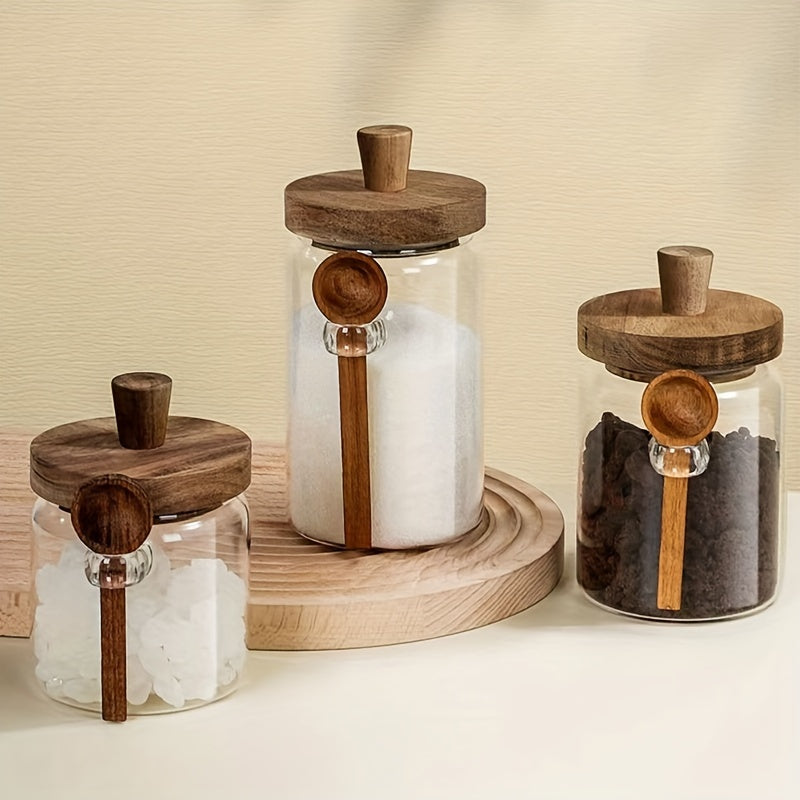 Glass Sealed Storage Jar with Wooden Spoon 500ml Kitchen Food Container Moisture-Proof
