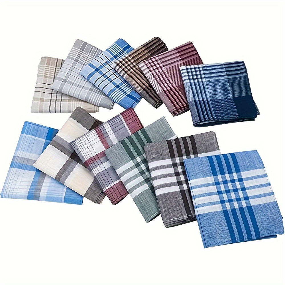 Set of 12 Men's Cotton Handkerchiefs with Plaid Design, Lightweight, Absorbent