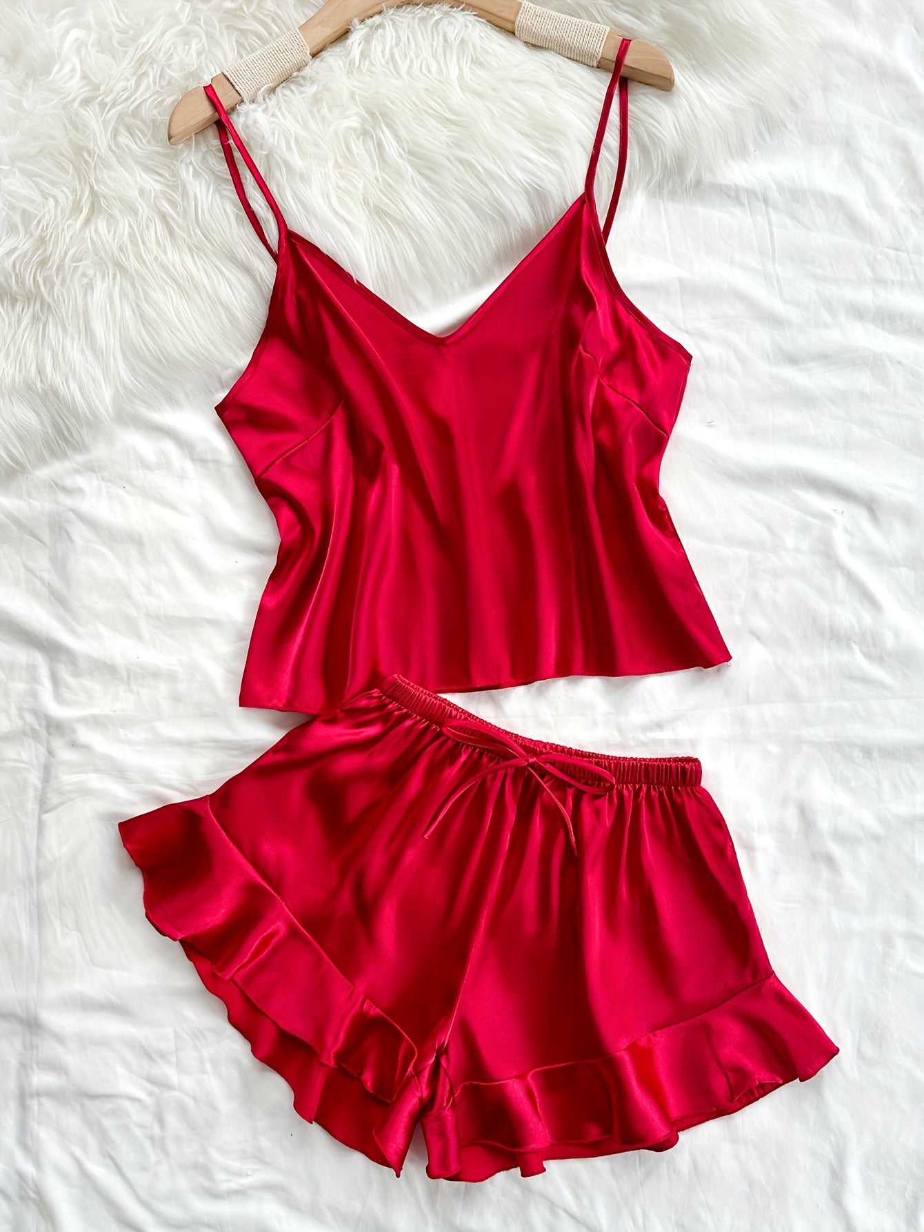 Women's Satin Pajama Set with V-Neck Cami Top and Shorts All-Season Polyester Solid Color