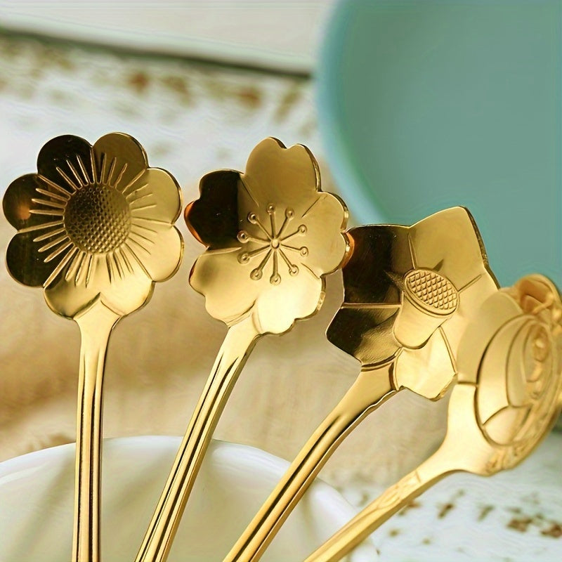 Golden Stainless Steel Coffee and Dessert Spoon Set with Floral and Geometric Designs for Tea and Cake