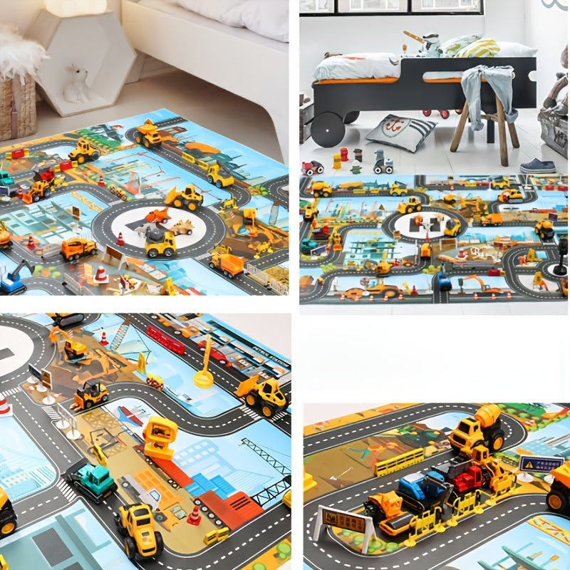 Alfombra de juego de tráfico y construcción para niños, tela impermeable con juguetes y muñecas para mayores de 3 años