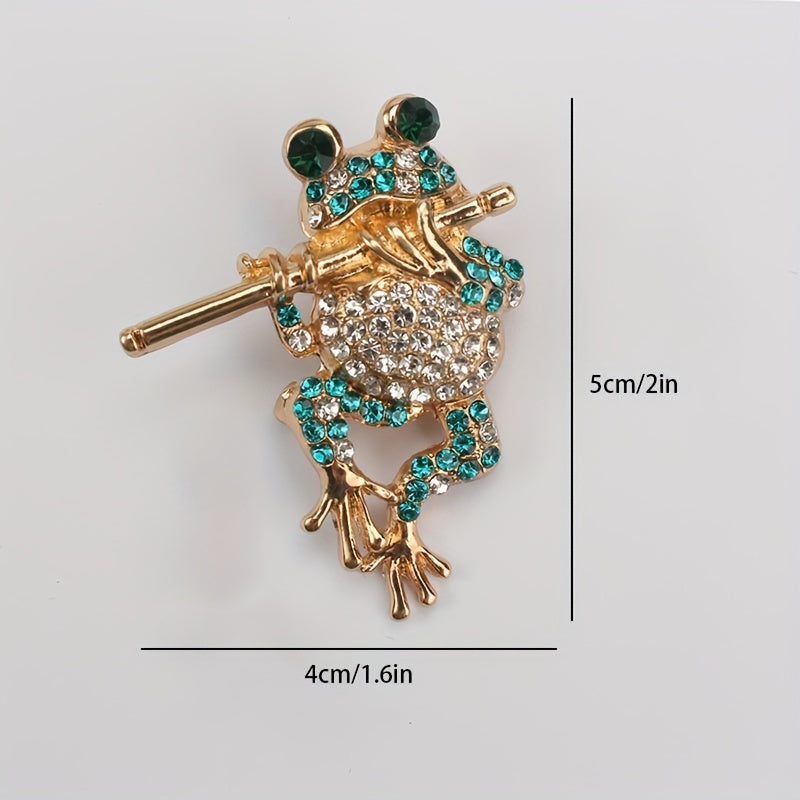Women's Rhinestone Frog Brooch with Flute Jewelry Accessory