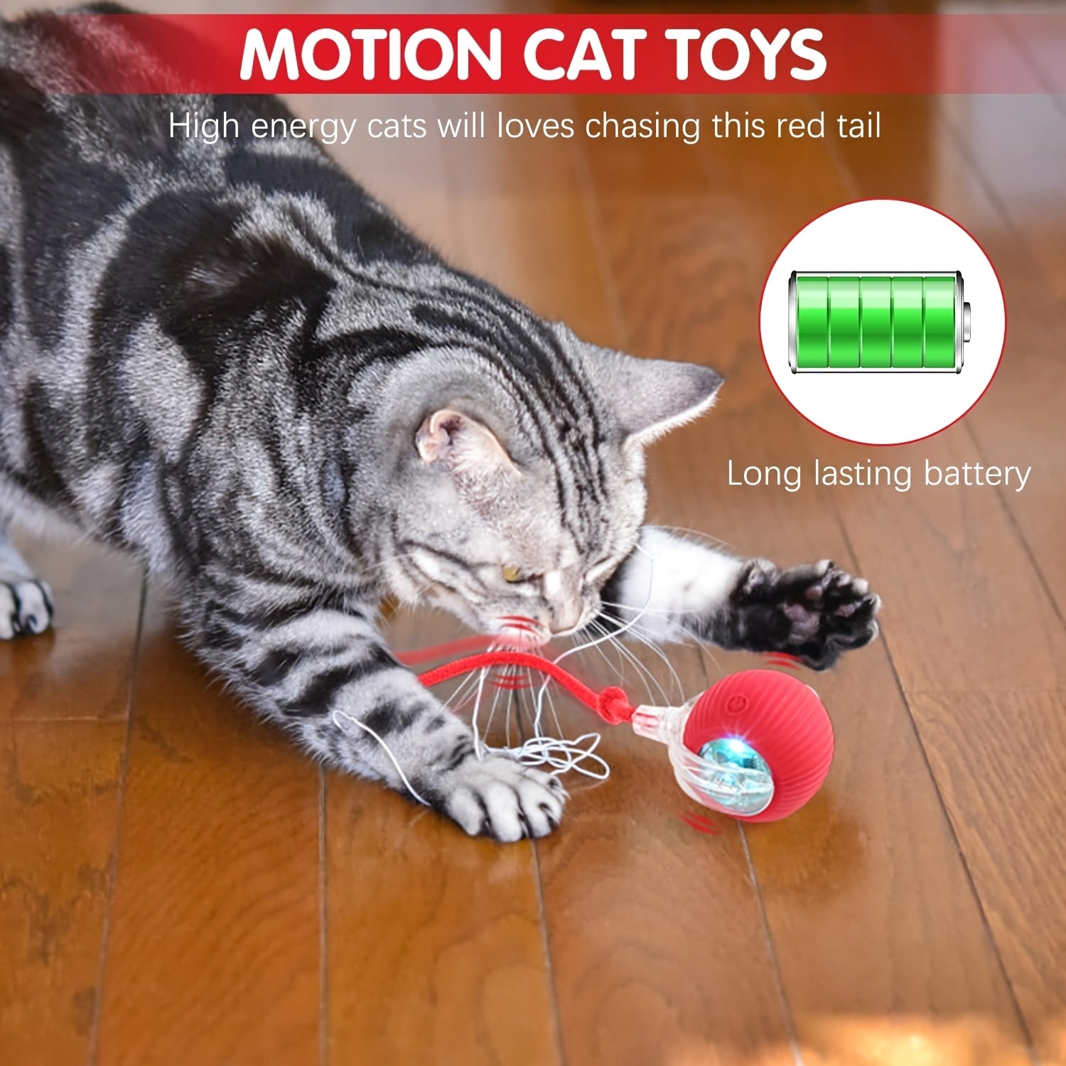 360° Interactive Pet Toy for Cats and Dogs Red Silicone Ball with Rope Handle USB Rechargeable