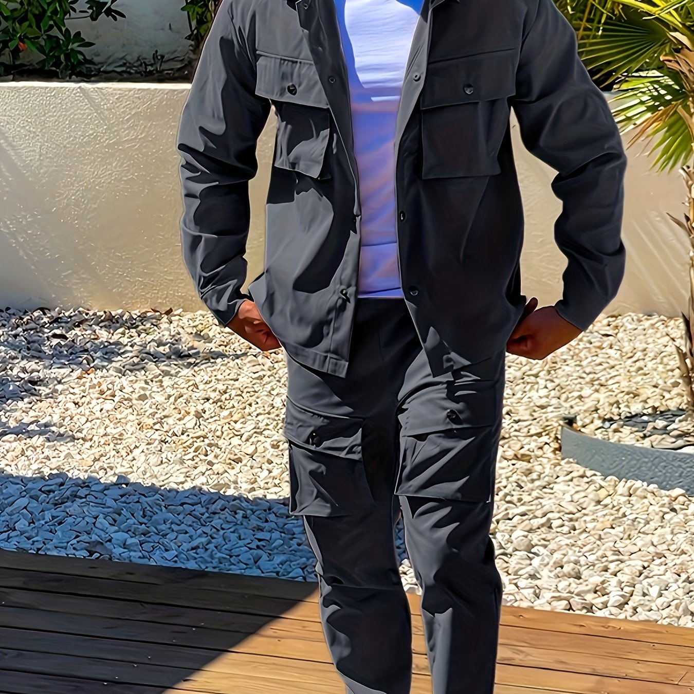 Men's Polyester Suit Set with Lapel Collar and Pocket Details for Casual, Hiking, and Outdoor Wear