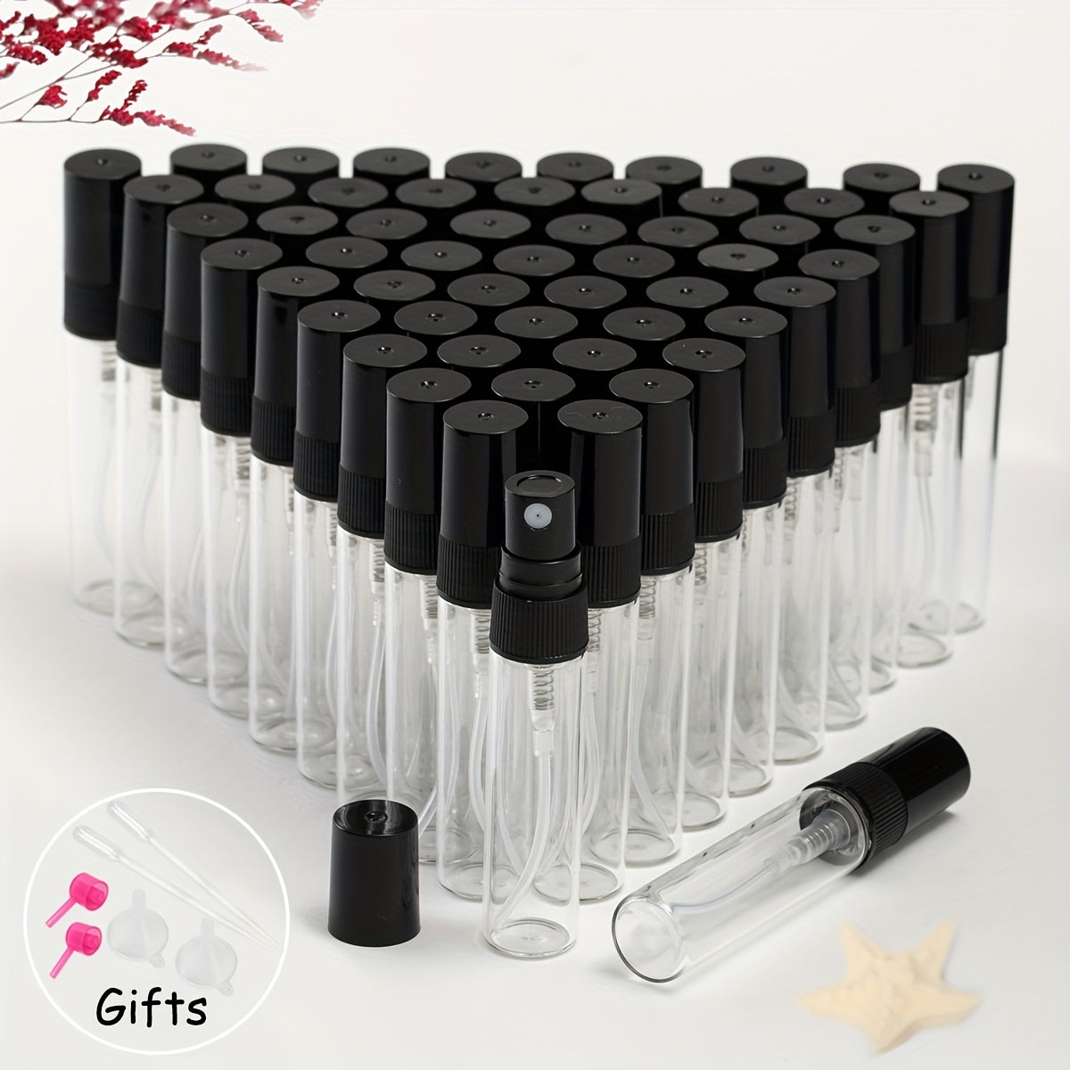 56 прозрачных стеклянных флаконов для духов с многоразовыми распылителями различных размеров, идеально подходящих для путешествий и увлажнения.
