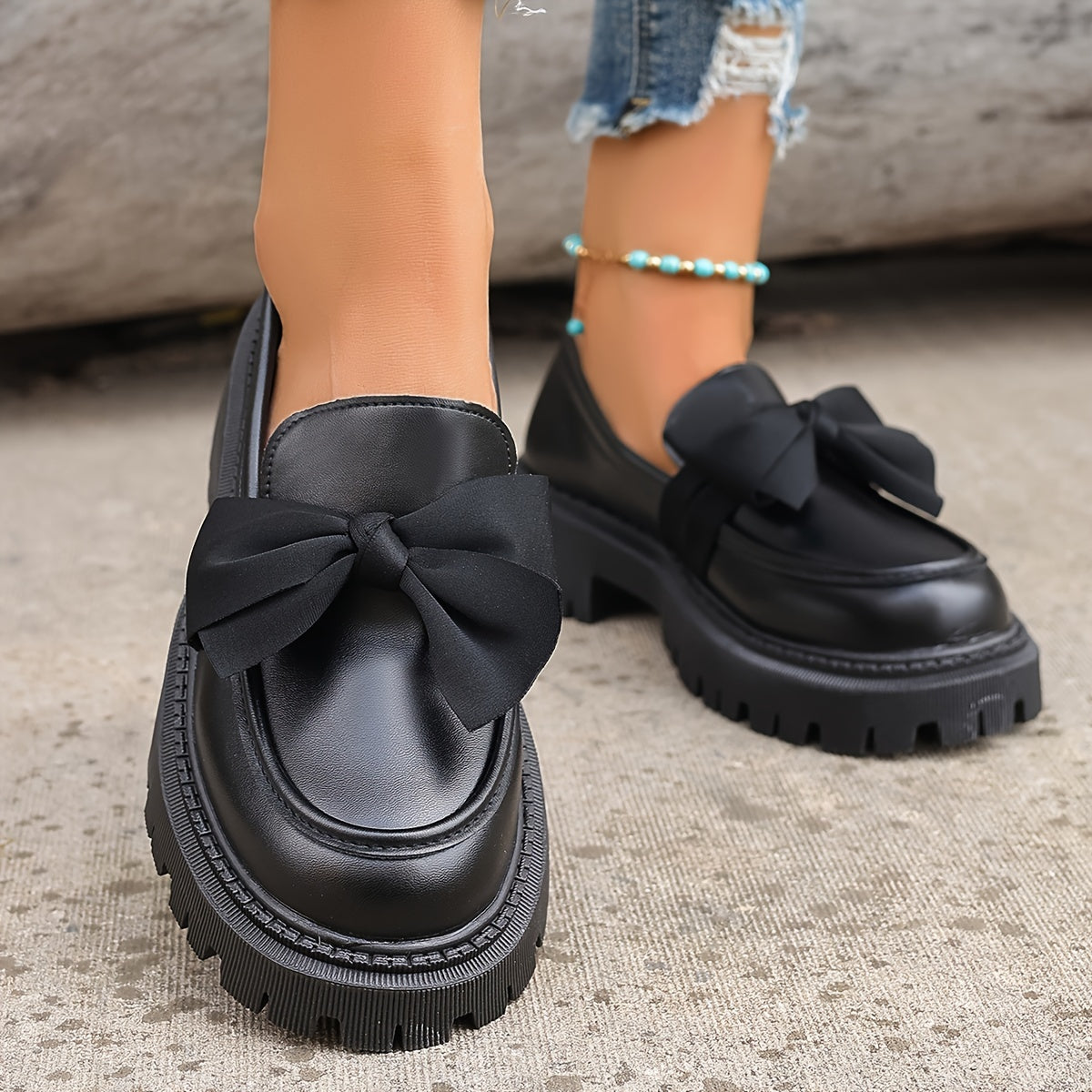 Women’s Synthetic Leather Slip-On Penny Loafers with Bow Flats