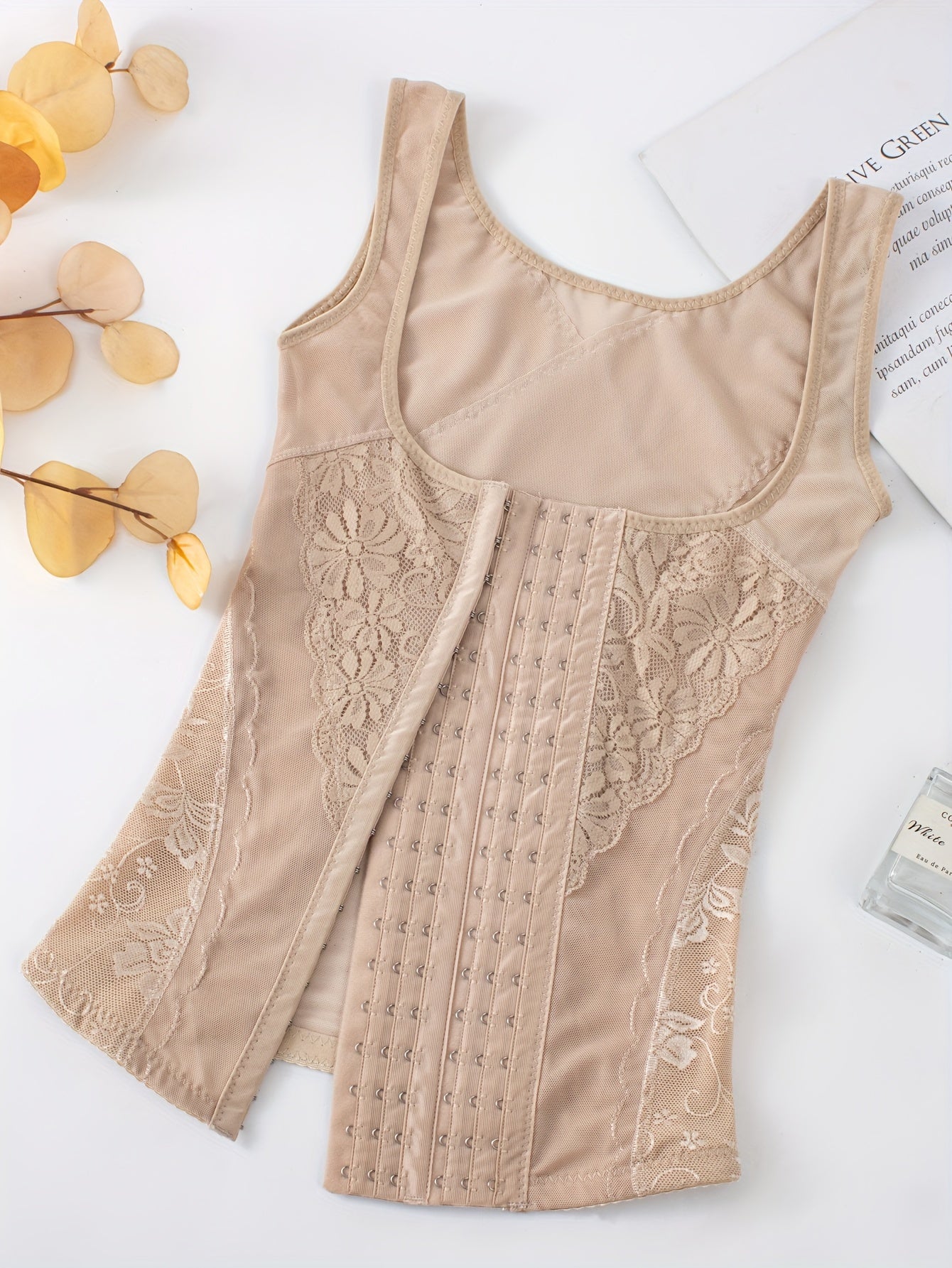 Black Postpartum Waist Trainer Tank Top with Lace Trim Mesh Panel Tummy Control