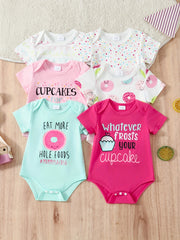 Set of 6 Baby Girl Cartoon Cake and Donut Rompers Short Sleeve Cotton Spring Summer