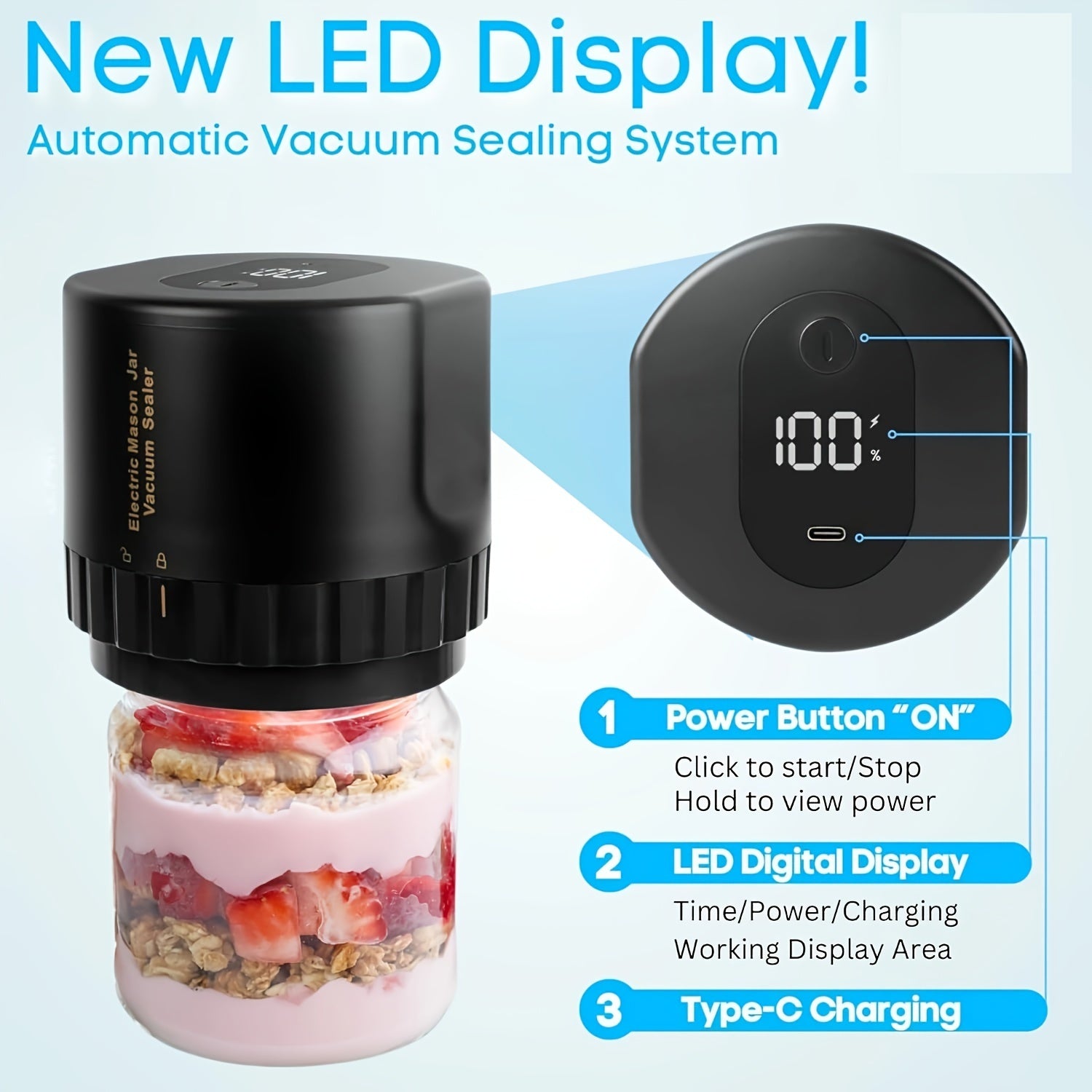 USB qayta to'ldiriladigan Mason bankasi oziq-ovqat vakuum yopish uchun pompali va yopish uchun aksessuarlar bilan