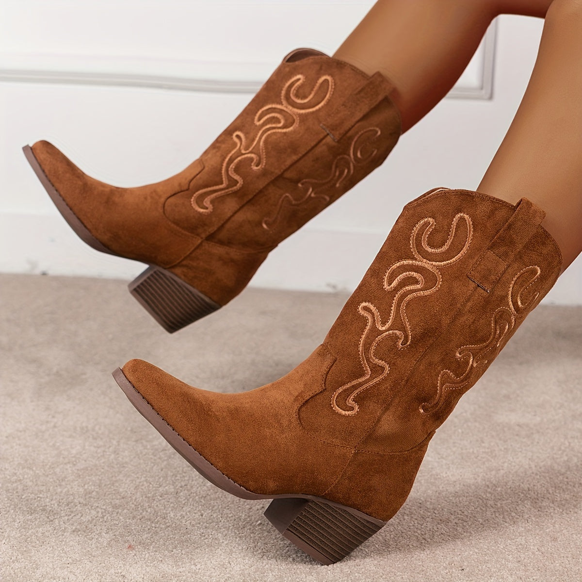 Women's Leather Chunky Heel Cowboy Boots Slip On Mid Calf Western Footwear