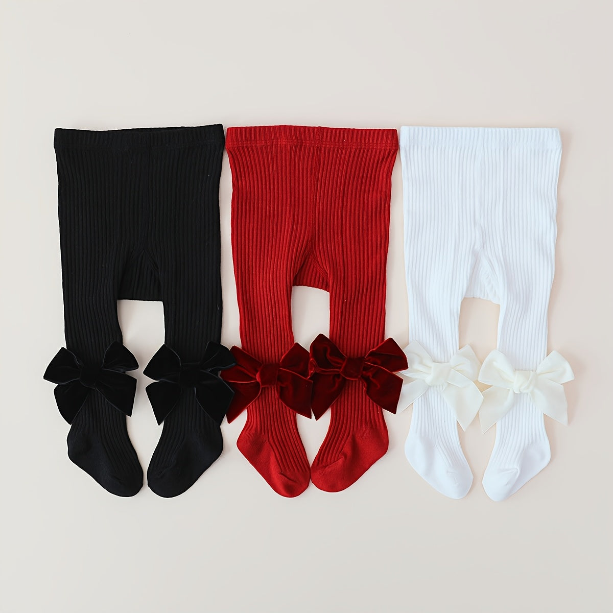 Girls' Velvet Bow Leggings All-Season Knit Fabric in Red Black White
