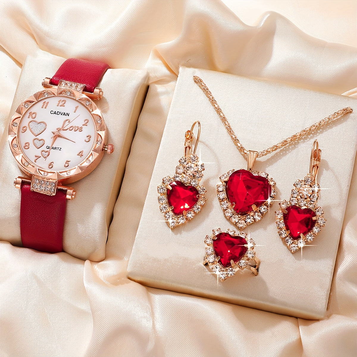 Women's Watch Set with Heart Design and Rhinestone Accents, Includes Matching Jewelry