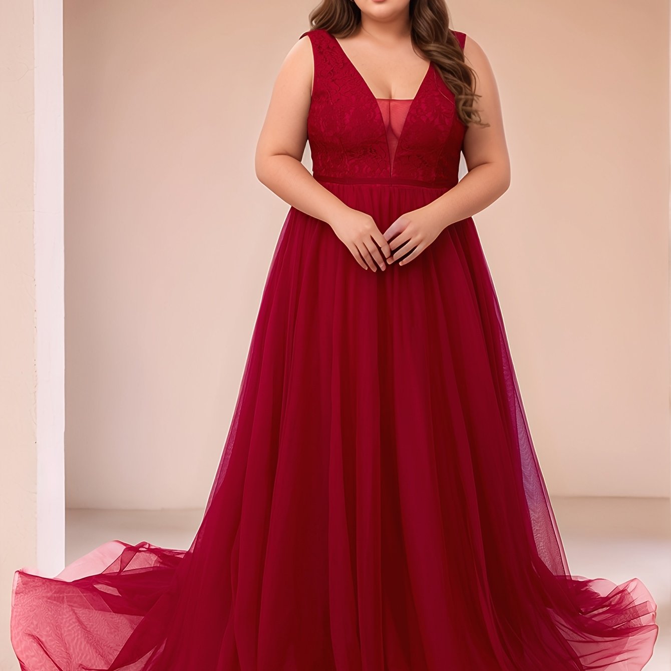 Plus Size Women's Lace Panel V-Neck Wedding Evening Gown Formal Maxi Dress