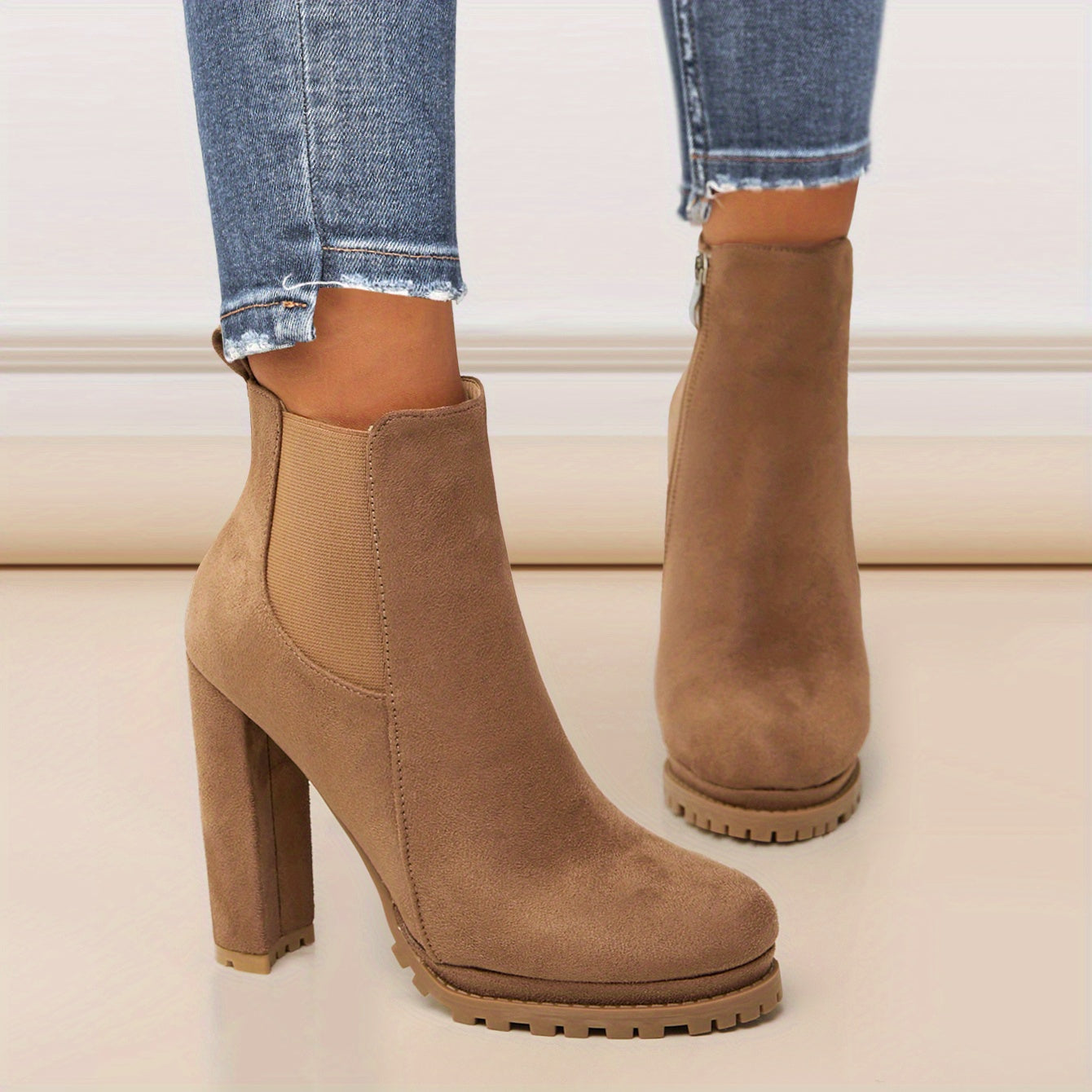 Women's Leather Pointed Toe Short Boots Side Zipper Chunky Heel