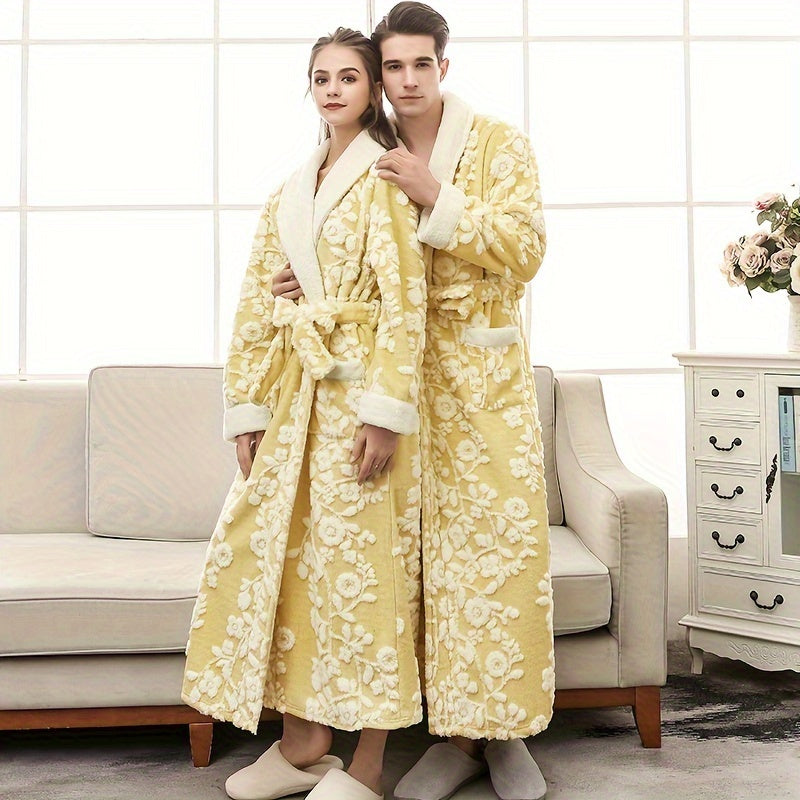 Unisex Thickened Long Bathrobe with Flower Pattern for Home and Bathroom Use