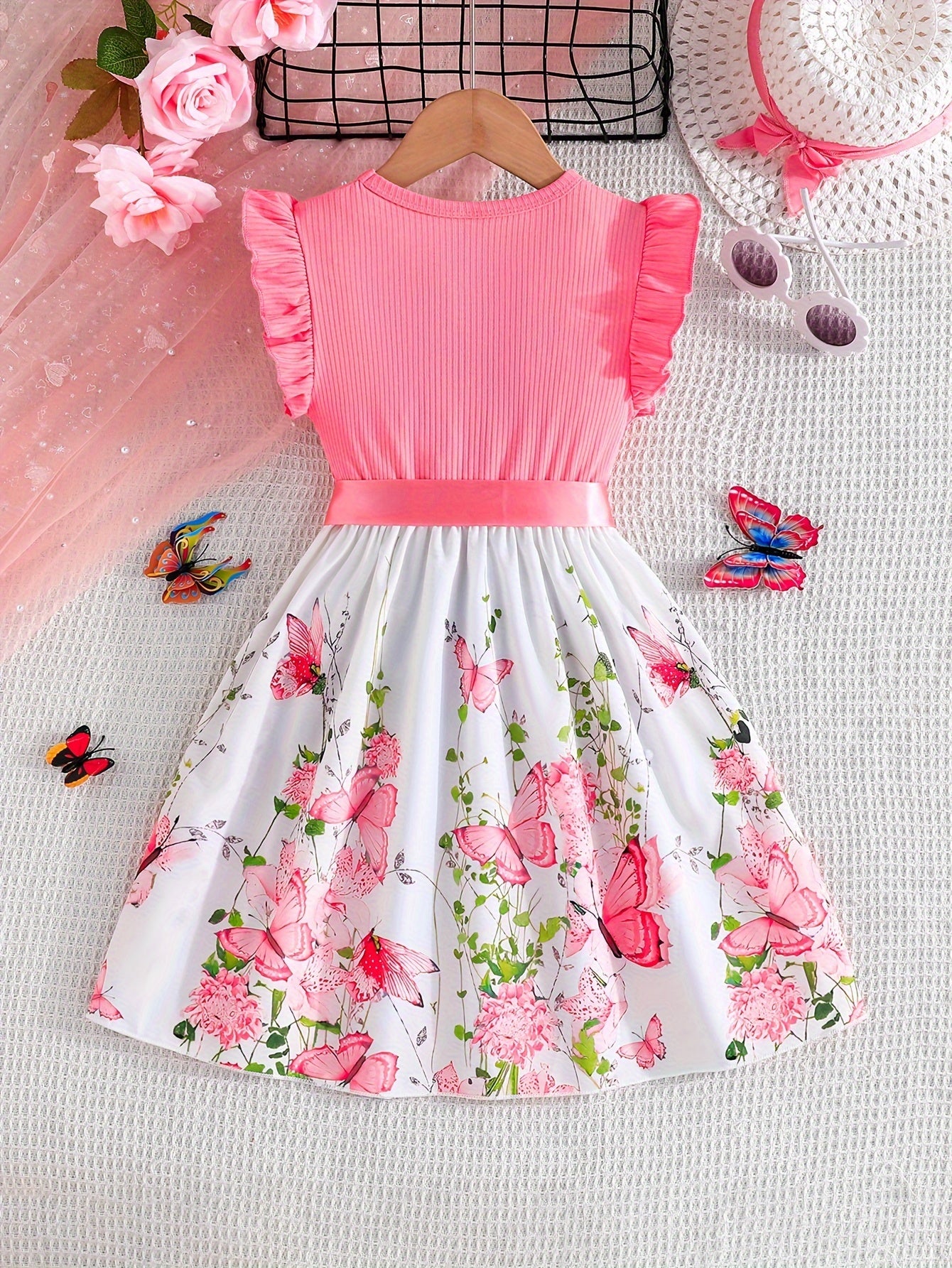 Girls Summer Butterfly Print Midi Dress Set with Belt and Ribbed Sleeves