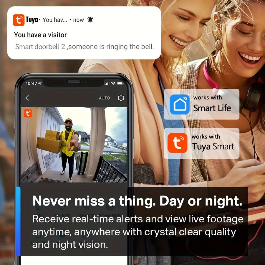 Wireless Video Doorbell with Night Vision 2-Way Audio Rechargeable Battery Indoor Outdoor