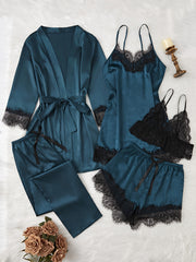 Color Contrast Lace Pajama Set for Women Satin Long Sleeve Fall Winter Elegant Micro Elasticity