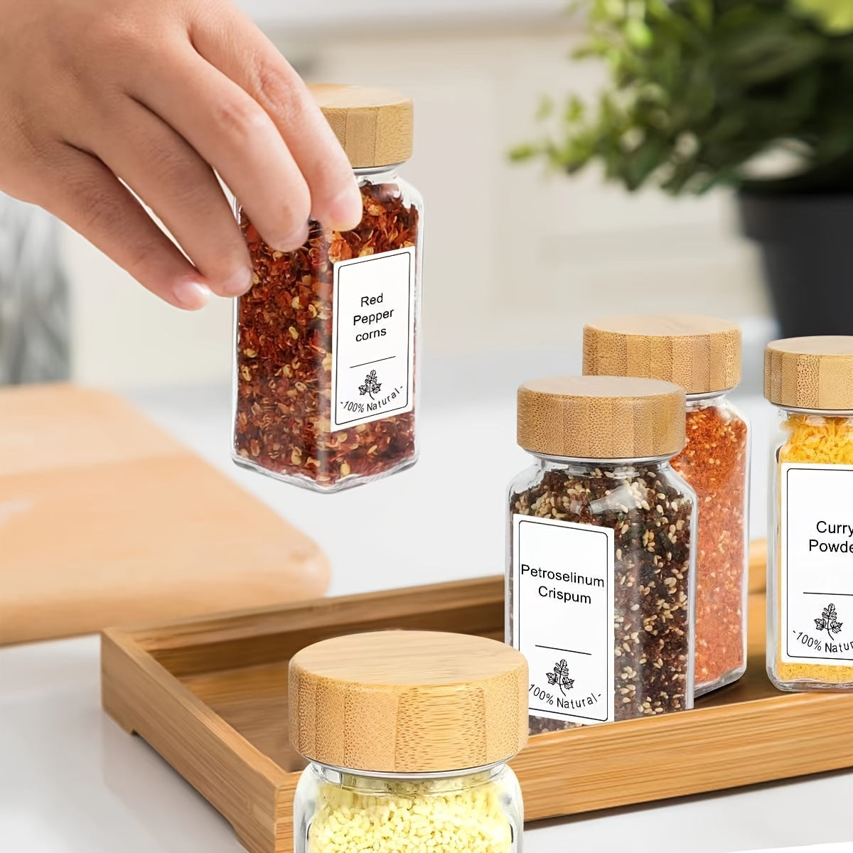 12-Piece Glass Spice Jars Set with Labels, Bamboo Lids, Brush, Funnel, Salt and Pepper Bottles