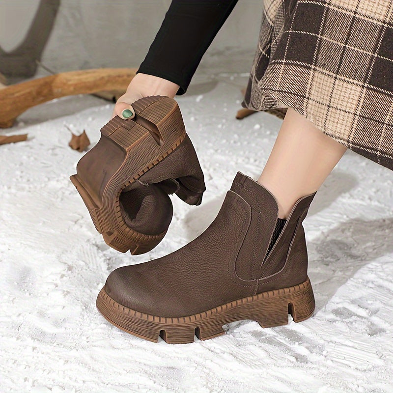 Women's Genuine Leather Short Boots Thick Soles Casual Round Toe