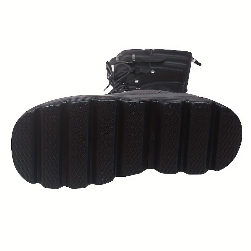 Women's Punk Motorcycle Boots with Buckle Lace-Up Faux Cover Rubber Sole